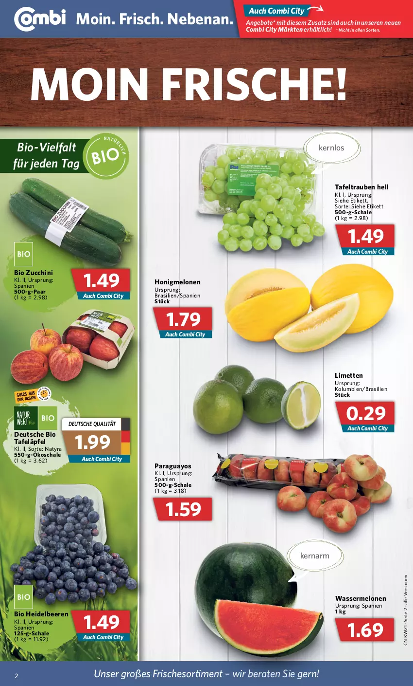 Aktueller Prospekt Combi - Prospekte - von 23.05 bis 28.05.2022 - strona 2 - produkty: angebot, angebote, beere, beeren, bio, heidelbeere, heidelbeeren, honig, honigmelone, honigmelonen, limette, limetten, melone, melonen, Mett, metten, paraguayos, Schal, Schale, tafeläpfel, tafeltrauben, Ti, trauben, wasser, wassermelone, wassermelonen, Yo, zucchini