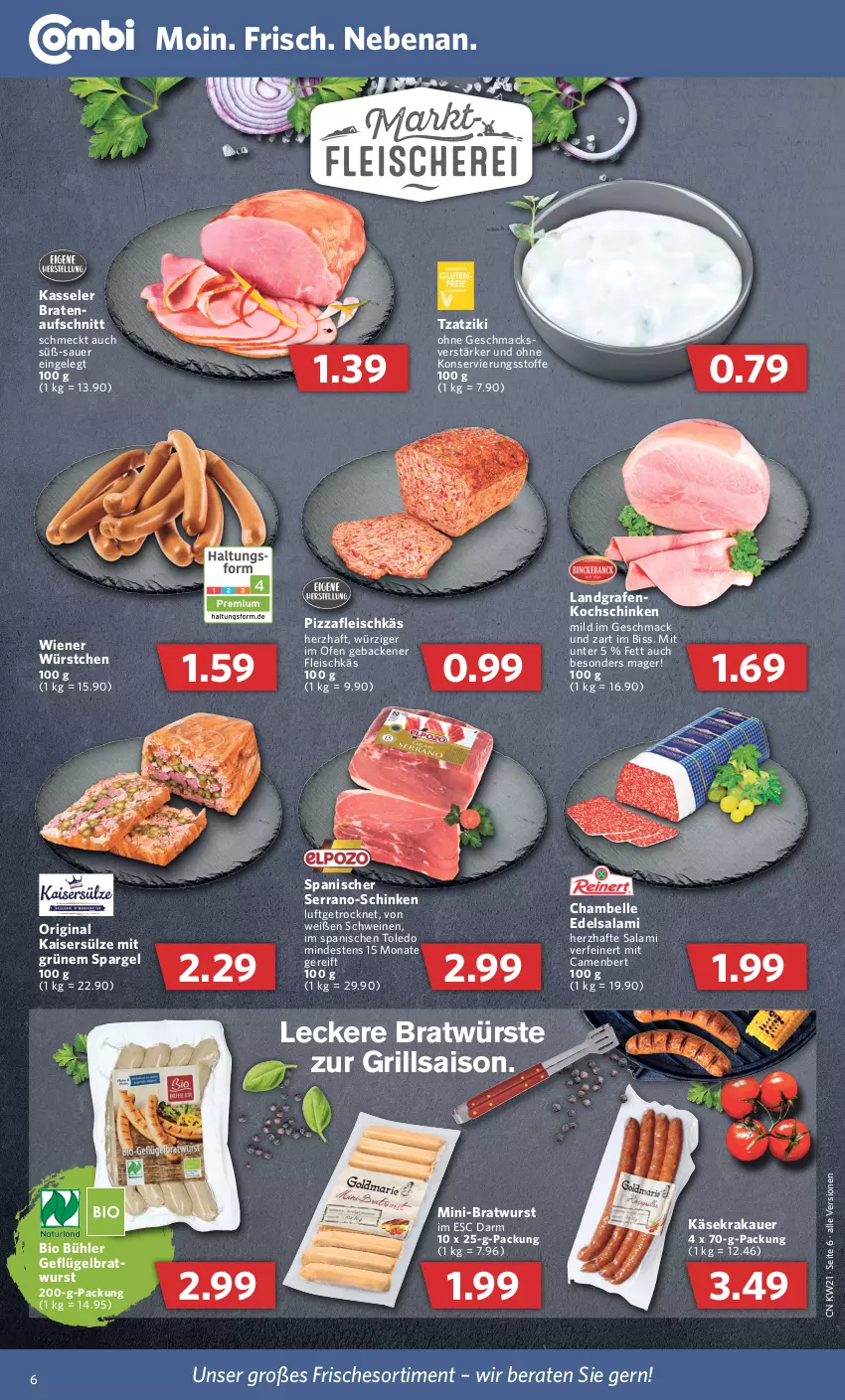 Aktueller Prospekt Combi - Prospekte - von 23.05 bis 28.05.2022 - strona 6 - produkty: auer, aufschnitt, bio, braten, bratwurst, Edelsalami, eis, elle, fleisch, geback, Geflügel, gin, grill, Kaiser, Kaisersülze, Käse, kasseler, kochschinken, krakauer, mac, Ofen, pizza, salami, schinken, schwein, schweine, serrano, spargel, Ti, tzatziki, wein, weine, wiener, wiener würstchen, wurst, würstchen