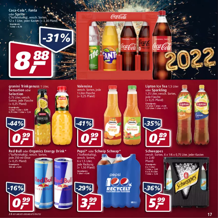 Aktueller Prospekt Real - Real Handzettel - von 27.12 bis 31.12.2021 - strona 17 - produkty: coca-cola, cola, drink, eis, energy drink, fanta, fanta oder, fanta oder sprite, flasche, granini, ice tea, lipton, lipton ice tea, nuss, oder sprite, pepsi, red bull, reis, schweppes, Schwip Schwap, sprite, Ti, valensina