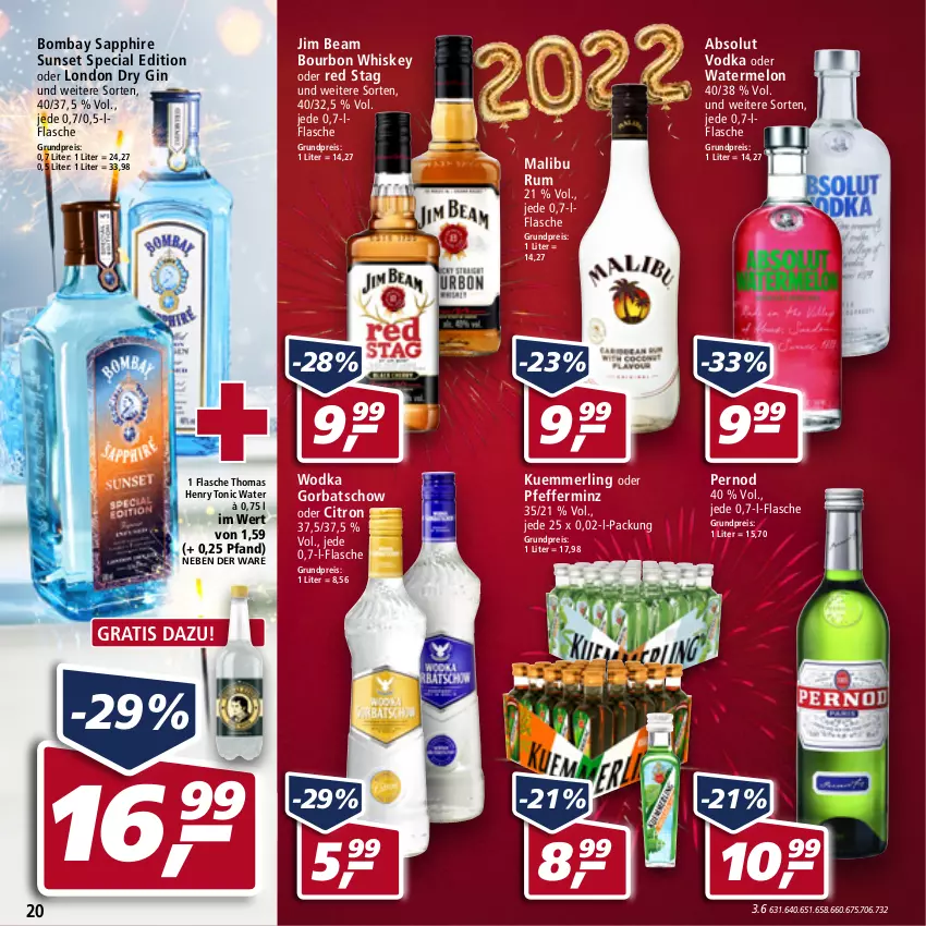 Aktueller Prospekt Real - Real Handzettel - von 27.12 bis 31.12.2021 - strona 20 - produkty: Absolut Vodka, bombay sapphire, bourbon, bourbon whiskey, dry gin, eis, flasche, gin, Gorbatschow, jim beam, kuemmerling, london dry, london dry gin, Malibu, merl, pfeffer, reis, rum, sapphire, thomas henry, Ti, tonic, tonic water, vodka, whiskey, wodka