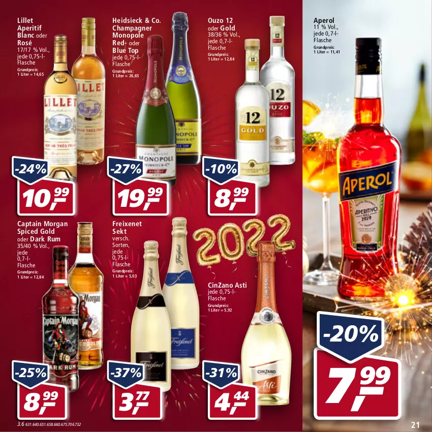 Aktueller Prospekt Real - Real Handzettel - von 27.12 bis 31.12.2021 - strona 21 - produkty: aperitif, aperol, asti, Cap, captain morgan, champagne, champagner, cin, cinzano, Cinzano Asti, eis, flasche, freixenet, lillet, ouzo, ouzo 12, reis, rum, sekt, Ti