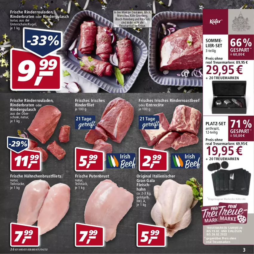 Aktueller Prospekt Real - Real Handzettel - von 27.12 bis 31.12.2021 - strona 3 - produkty: beef, braten, brustfilet, eis, entrecôte, filet, filets, fleisch, Frische Hähnchen, gin, gulasch, hähnchenbrust, hähnchenbrustfilet, käfer, Kugel, natur, oder rindergulasch, pute, putenbrust, reis, rind, rinder, rinderbraten, rinderfilet, rindergulasch, Rinderroulade, rinderrouladen, roastbeef, rouladen, Schal, Schale, Ti