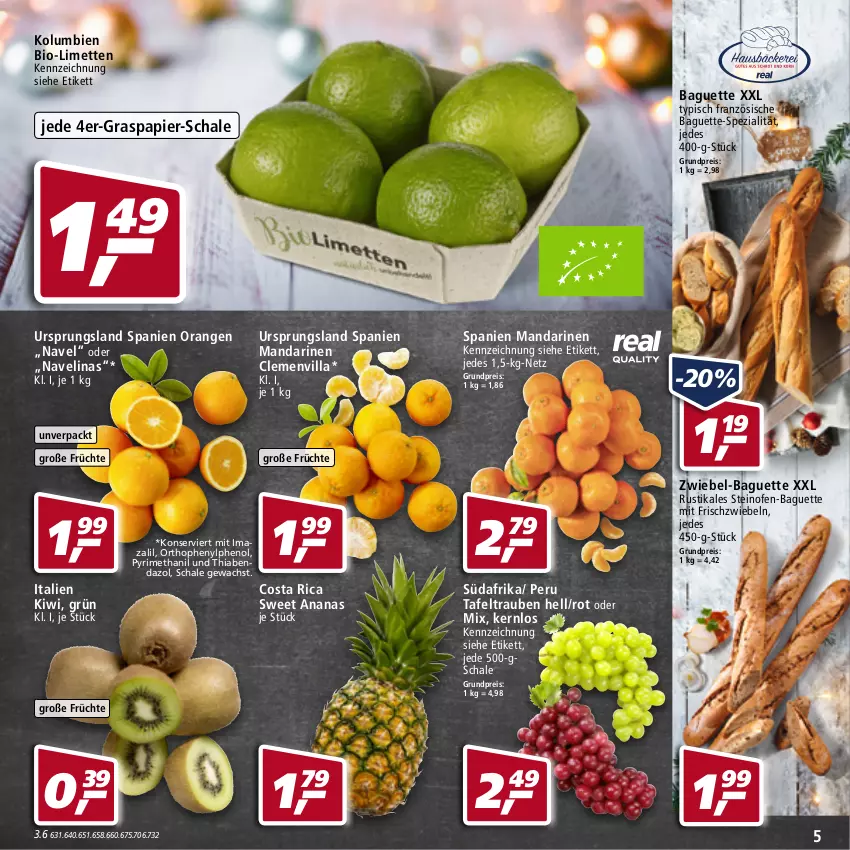 Aktueller Prospekt Real - Real Handzettel - von 27.12 bis 31.12.2021 - strona 5 - produkty: ananas, baguette, bio, eis, elinas, früchte, kiwi, limette, limetten, mandarine, mandarinen, Mett, metten, navelina, Ofen, orange, orangen, papier, reis, Schal, Schale, Spezi, steinofen, Steinofen-Baguette, sweet ananas, tafeltrauben, Ti, trauben, zwiebel, zwiebeln