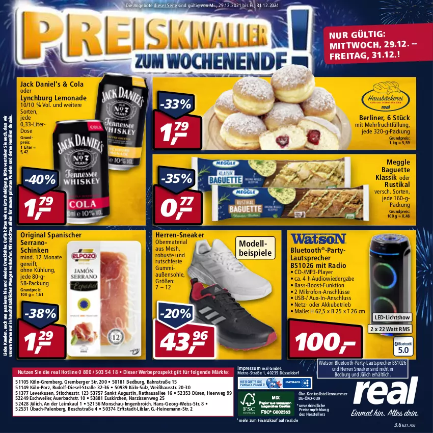 Aktueller Prospekt Real - Real Handzettel - von 27.12 bis 31.12.2021 - strona 56 - produkty: akku, angebot, angebote, auer, baguette, Berger, berliner, bosch, cola, dell, Diesel, eis, elle, frucht, gin, herren-sneaker, jack daniel, lautsprecher, led-licht, lemonade, LG, meggle, Metro, Mode, Mp3, Narzissen, payback, Radio, reis, Ria, rwe, schinken, serrano, sneaker, Spiele, teller, Ti, usb