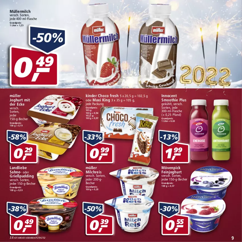 Aktueller Prospekt Real - Real Handzettel - von 27.12 bis 31.12.2021 - strona 9 - produkty: Becher, choco fresh, eis, feinjoghurt, flasche, Grießpudding, Innocent, joghur, joghurt, joghurt mit der ecke, Kinder, Kinder Choco fresh, landliebe, milch, milchreis, mövenpick, Müller, müllermilch, pudding, reis, sahne, smoothie