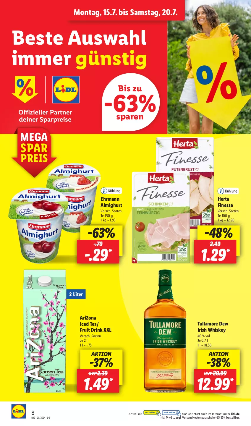 Aktueller Prospekt Lidl - Aktionsprospekt - von 15.07 bis 20.07.2024 - strona 10 - produkty: almighur, almighurt, drink, ehrmann, ehrmann almighurt, eis, finesse, herta, herta finesse, irish whiskey, ndk, reis, Schal, Schale, Ti, tullamore, tullamore dew, whiskey