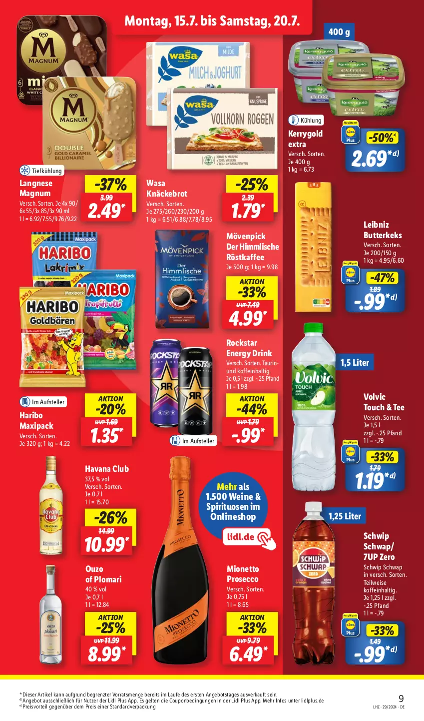 Aktueller Prospekt Lidl - Aktionsprospekt - von 15.07 bis 20.07.2024 - strona 11 - produkty: 7UP, angebot, brot, butter, butterkeks, coupon, drink, ecco, eis, elle, energy drink, haribo, Havana Club, kaffee, keks, kerrygold, kerrygold extra, knäckebrot, langnese, leibniz, magnum, mionetto, mövenpick, ouzo, preisvorteil, prosecco, reis, Rockstar, röstkaffee, Schwip Schwap, spirituosen, tee, teller, Ti, volvic, wasa, wein, weine, ZTE