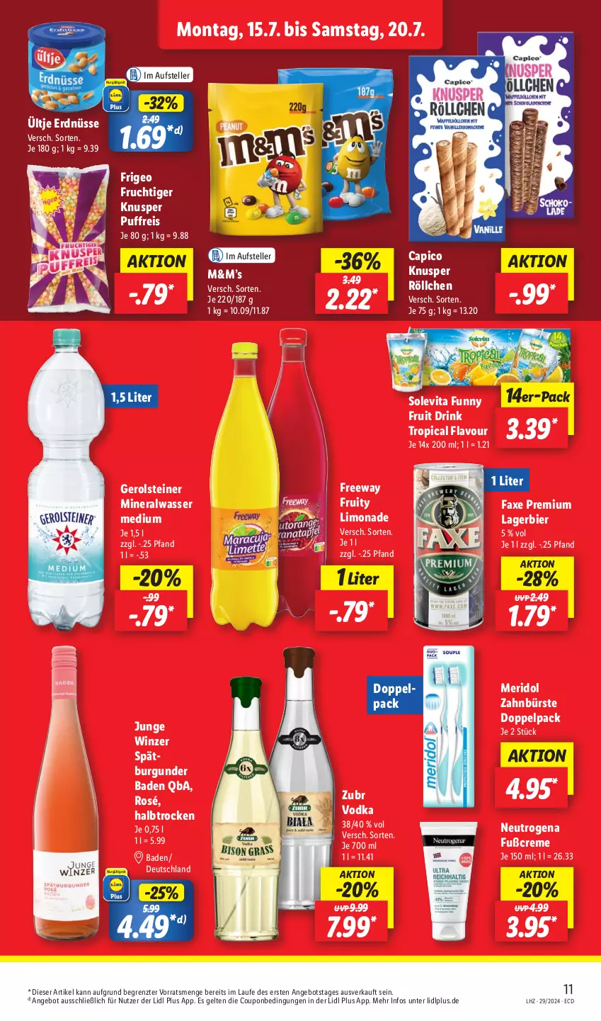 Aktueller Prospekt Lidl - Aktionsprospekt - von 15.07 bis 20.07.2024 - strona 13 - produkty: Alwa, angebot, axe, Bad, bier, burgunder, bürste, Cap, coupon, creme, drink, eis, elle, erdnüsse, frucht, gerolsteine, gerolsteiner, Lagerbier, limo, limonade, meridol, mineralwasser, Mineralwasser Medium, neutrogena, reis, steiner, teller, Ti, ültje, ültje erdnüsse, vita, vodka, wasser, zahnbürste, ZTE