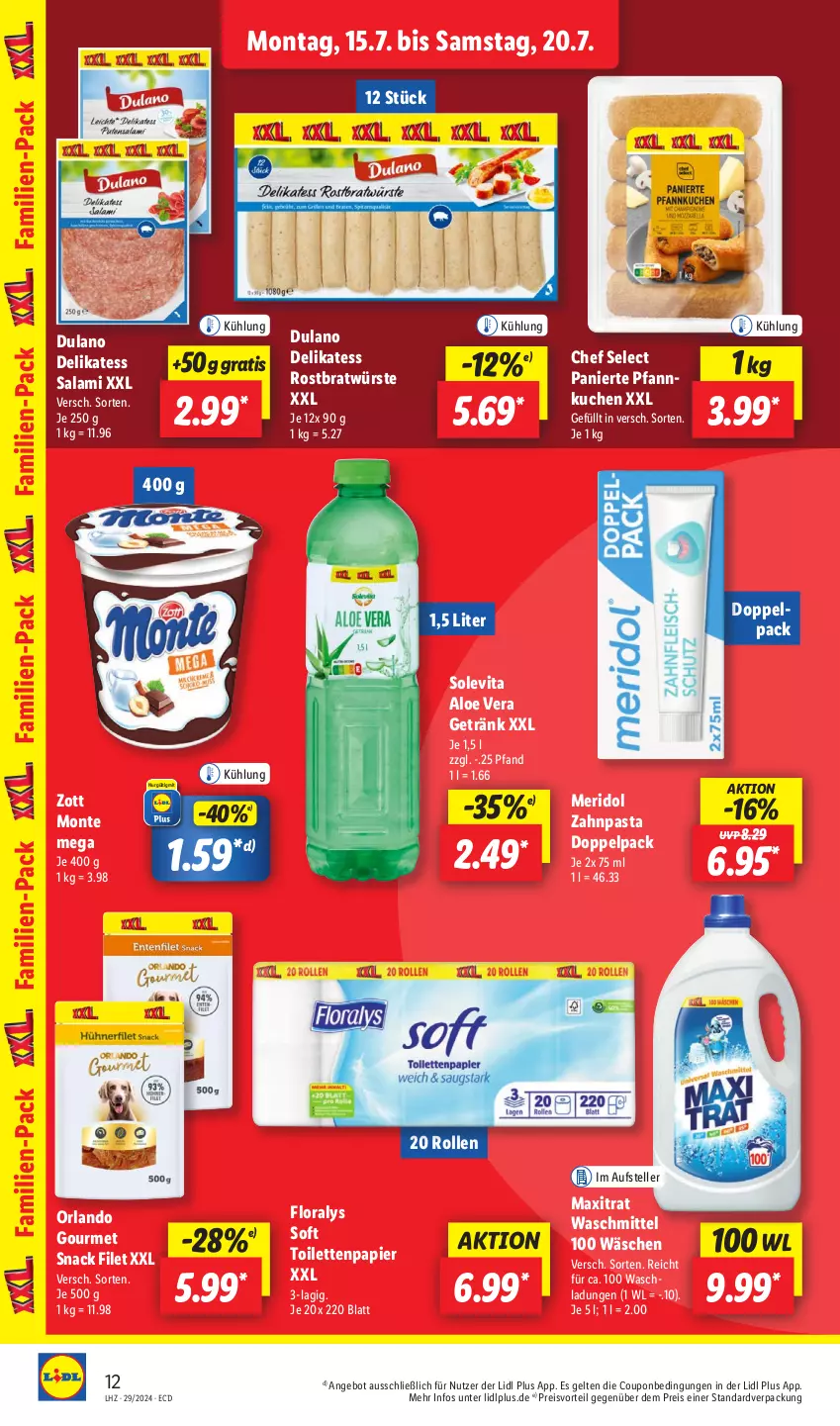 Aktueller Prospekt Lidl - Aktionsprospekt - von 15.07 bis 20.07.2024 - strona 14 - produkty: aloe vera, angebot, coupon, dulano, eis, elle, filet, Floralys, getränk, kuchen, meridol, monte, papier, pasta, Pfannkuchen, preisvorteil, reis, salami, snack, teller, Ti, toilettenpapier, vita, waschmittel, zahnpasta, zott, Zott Monte