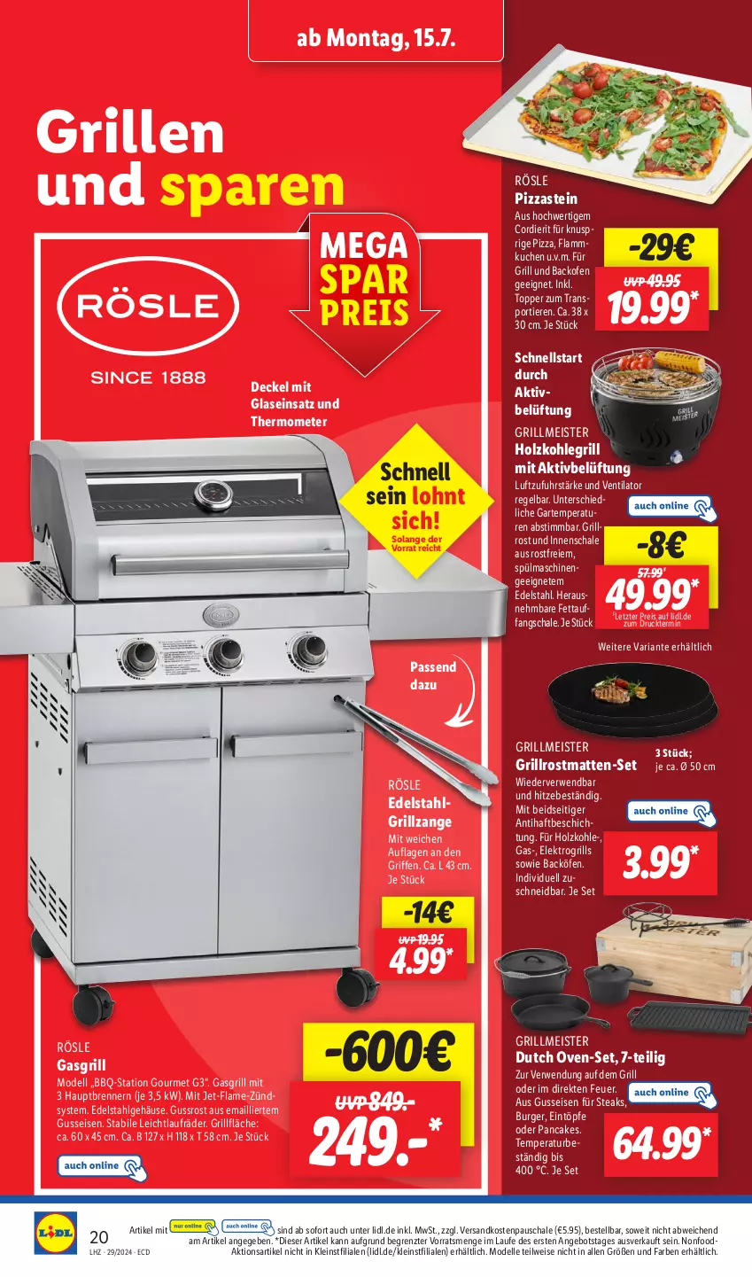 Aktueller Prospekt Lidl - Aktionsprospekt - von 15.07 bis 20.07.2024 - strona 24 - produkty: angebot, backofen, burger, decke, Deckel, dell, edelstahl, eintöpfe, eis, Elektro, elle, flammkuchen, gasgrill, grill, grillfläche, grillrost, grillzange, Holz, holzkohle, holzkohlegrill, Kohlegrill, kuchen, lamm, laufräder, LG, Meister, Mode, ndk, Ofen, pizza, reis, Ria, rösle, rwe, Schal, Schale, Sport, spülmaschinen, steak, steaks, thermometer, Ti, Tiere, topper, uhr, ventilator, ZTE