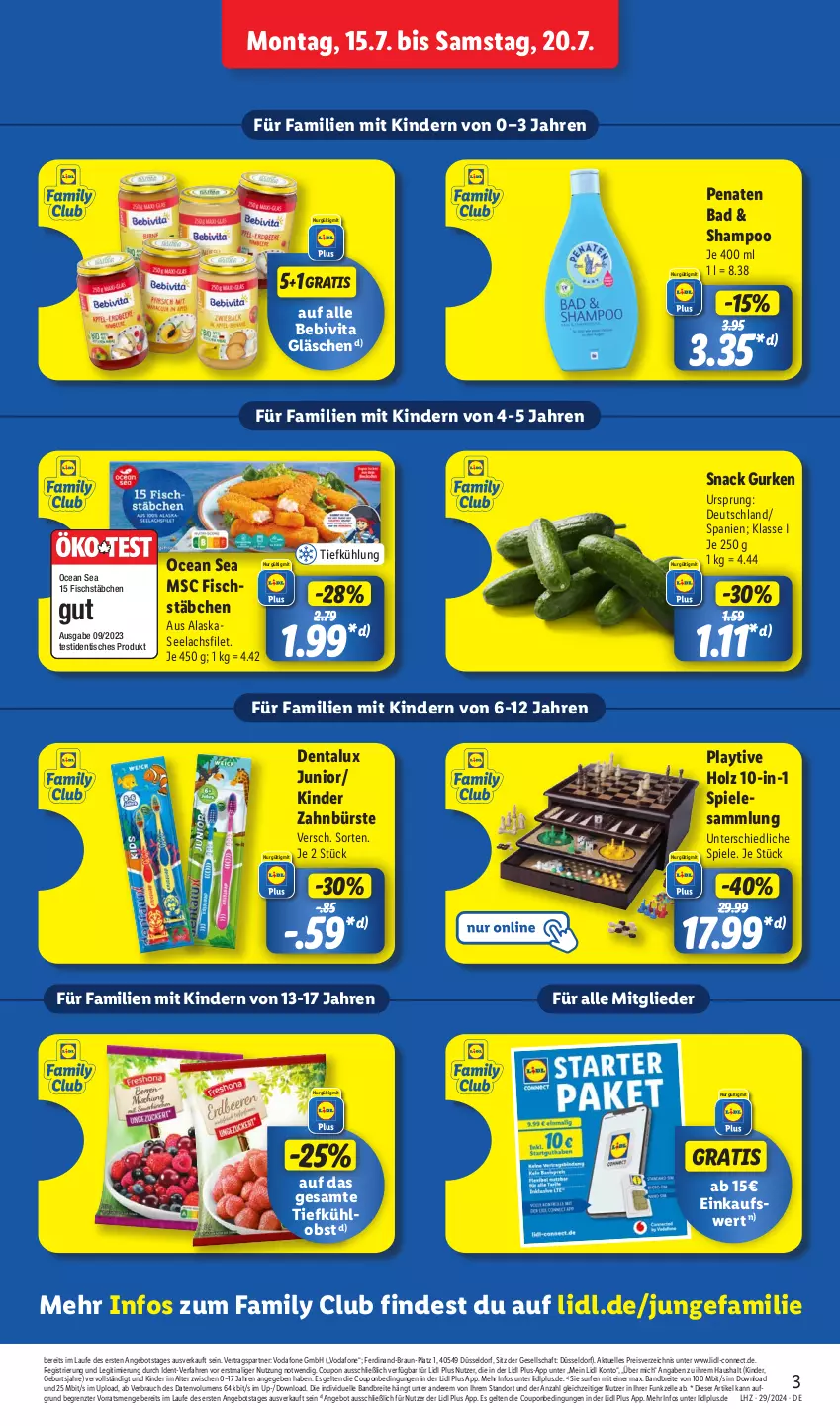 Aktueller Prospekt Lidl - Aktionsprospekt - von 15.07 bis 20.07.2024 - strona 3 - produkty: angebot, Bad, bebivita, braun, Brei, bürste, coupon, Dentalux, eis, elle, filet, fisch, fischstäbchen, gurke, gurken, Holz, Kinder, lachs, lachsfilet, obst, penaten, Rauch, reis, seelachsfilet, shampoo, snack, Spiele, Surf, Ti, tisch, vita, vodafone, zahnbürste, ZTE