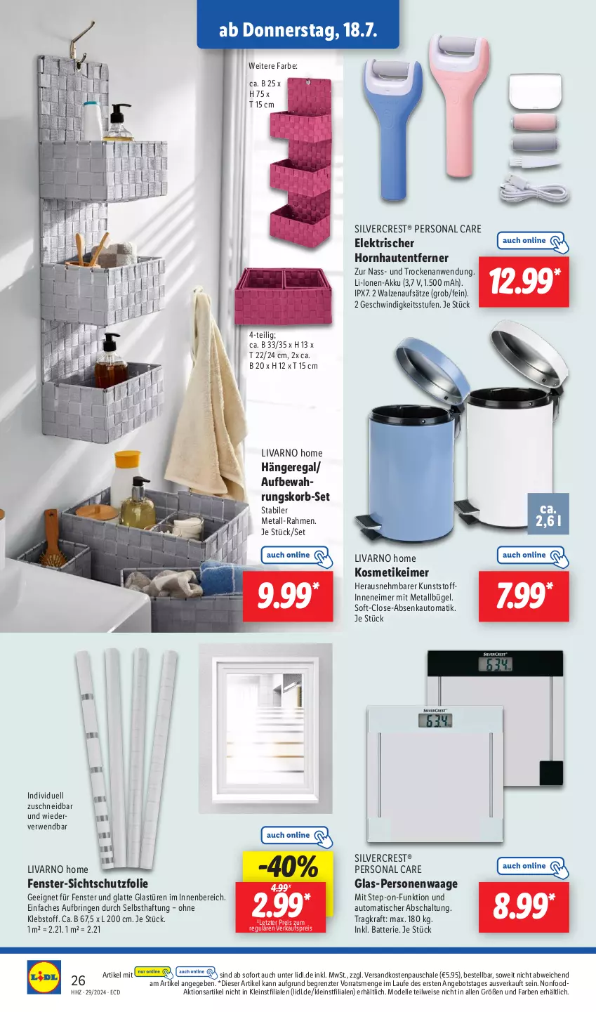 Aktueller Prospekt Lidl - Aktionsprospekt - von 15.07 bis 20.07.2024 - strona 30 - produkty: akku, angebot, auto, batterie, bügel, dell, eimer, eis, elle, fenster, Glastür, Hängeregal, korb, kosmetik, kosmetikeimer, kraft, latte, Mode, ndk, Persona, Personenwaag, personenwaage, regal, reis, ring, rwe, Schal, Schale, silvercrest, Ti, tisch, Waage, ZTE