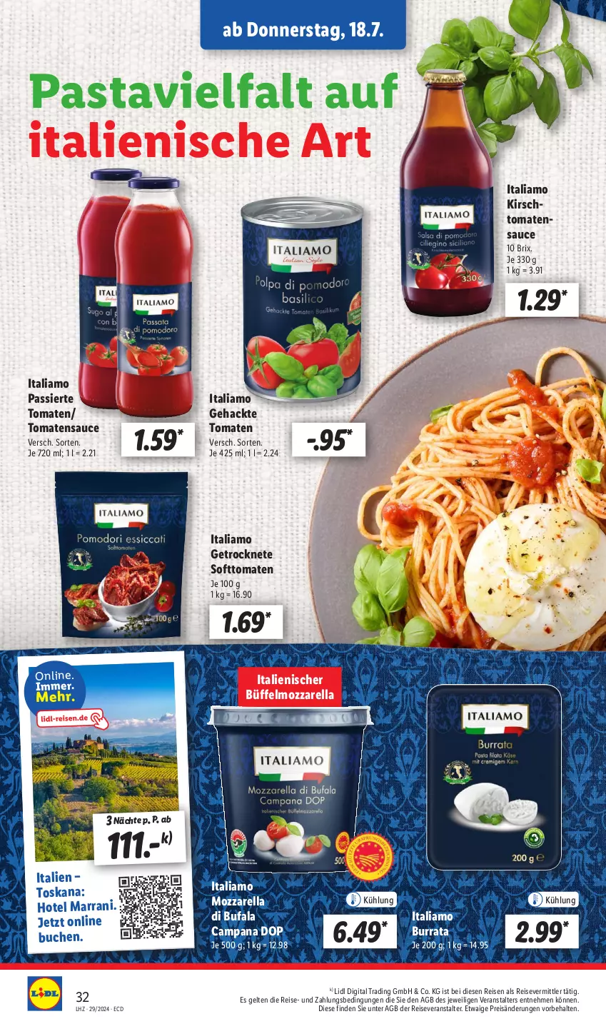 Aktueller Prospekt Lidl - Aktionsprospekt - von 15.07 bis 20.07.2024 - strona 36 - produkty: buch, Burrata, di bufala, eis, italiamo, kirsch, mozzarella, pasta, reis, reiseveranstalter, rel, sauce, Ti, tomate, tomaten, tomatensauce