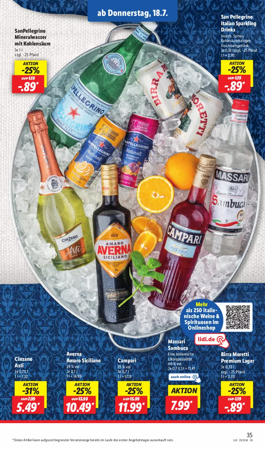 Aktueller Prospekt Lidl - Aktionsprospekt - von 15.07 bis 20.07.2024 - strona 39 - produkty: Alwa, amaro, angebot, asti, averna, campari, cin, cinzano, Cinzano Asti, drink, drinks, elle, frucht, fruchtsaft, fruchtsaftgetränk, getränk, likör, mineralwasser, Moretti, saft, sambuca, san pellegrino, sanpellegrino, Spezi, spirituosen, Ti, wasser, wein, weine, ZTE