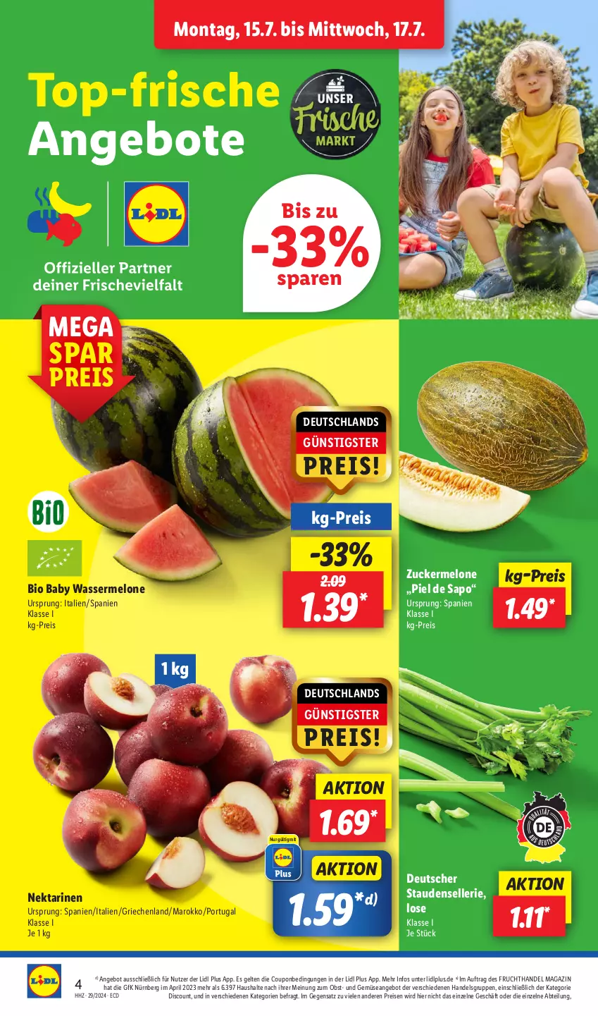 Aktueller Prospekt Lidl - Aktionsprospekt - von 15.07 bis 20.07.2024 - strona 4 - produkty: Abtei, angebot, angebote, bio, coupon, discount, eis, elle, frucht, magazin, melone, Nektar, nektarinen, obst, pril, reis, stauden, Ti, und gemüse, wasser, wassermelone, zucker, Zuckermelone