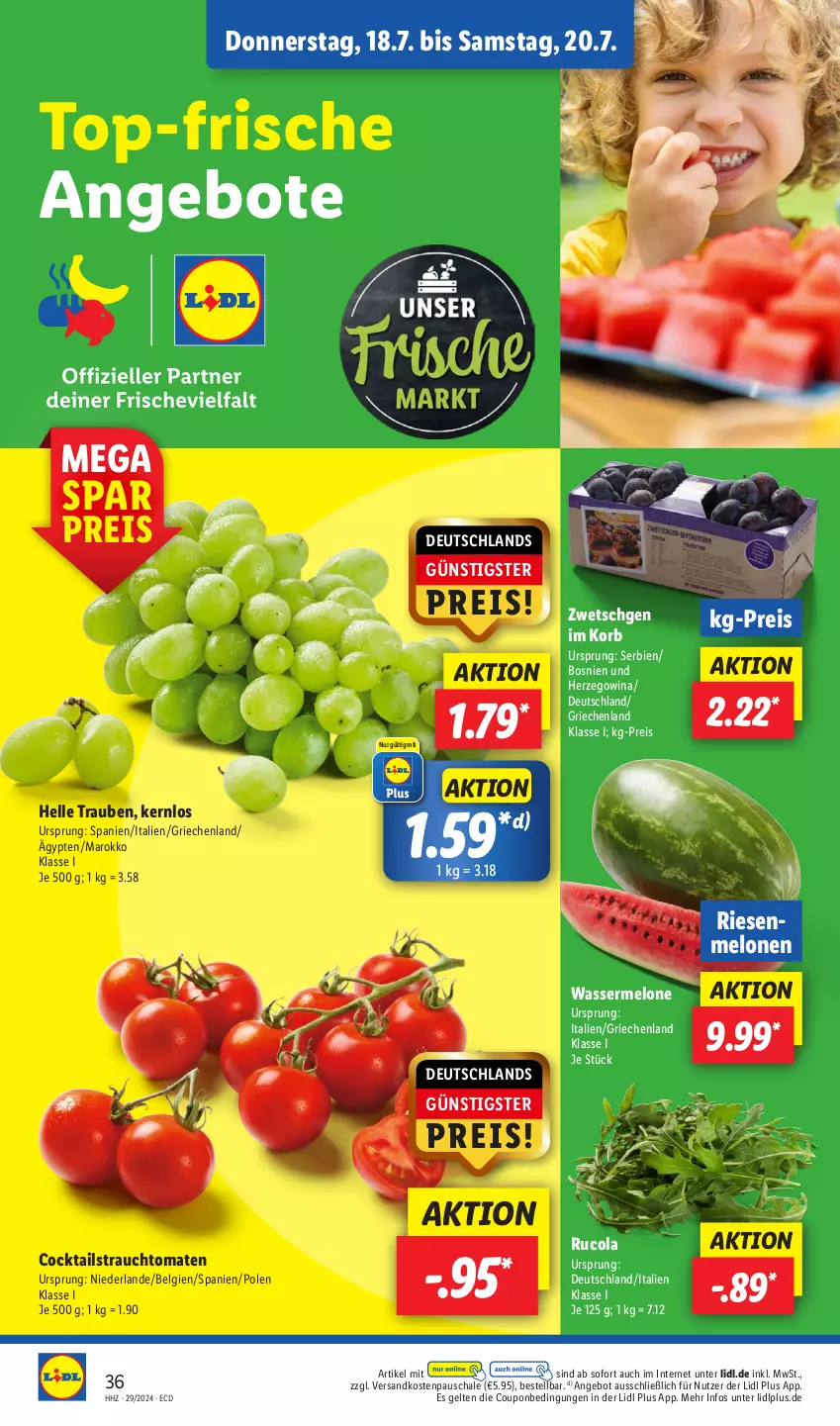 Aktueller Prospekt Lidl - Aktionsprospekt - von 15.07 bis 20.07.2024 - strona 42 - produkty: angebot, angebote, cocktail, cocktails, cola, coupon, eis, elle, korb, LG, melone, melonen, ndk, Rauch, reis, rucola, Schal, Schale, strauchtomaten, Ti, tomate, tomaten, trauben, wasser, wassermelone