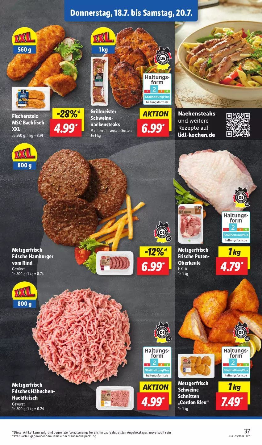 Aktueller Prospekt Lidl - Aktionsprospekt - von 15.07 bis 20.07.2024 - strona 43 - produkty: angebot, backfisch, burger, cordon bleu, eis, fisch, fische, Fischer, fleisch, gewürz, grill, hackfleisch, hamburger, Meister, Nackensteak, nackensteaks, preisvorteil, pute, Putenoberkeule, reis, rezept, rezepte, rind, schnitten, schwein, schweine, schweinenacken, steak, steaks, Ti, wein, weine, ZTE