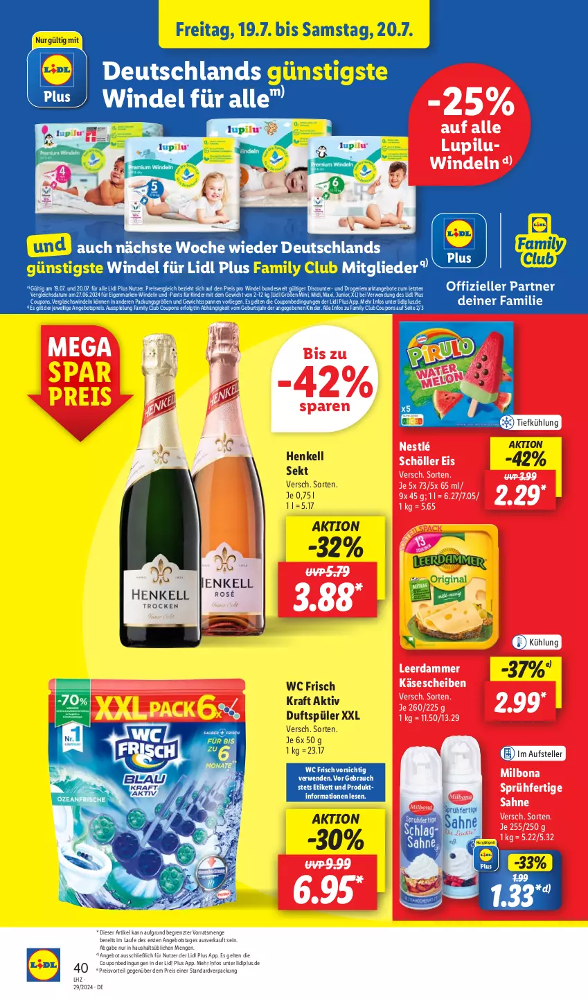 Aktueller Prospekt Lidl - Aktionsprospekt - von 15.07 bis 20.07.2024 - strona 46 - produkty: angebot, angebote, angebotspreis, Bona, coupon, coupons, discount, drucker, eis, elle, Engel, henkel, henkell, henkell sekt, Käse, käsescheiben, kerze, Kinder, kraft, leerdammer, LG, Liege, lupilu, Milbona, nestlé, nestlé schöller, Pants, papier, preisvorteil, Rauch, reis, rwe, sahne, Schöller, sekt, teller, Ti, wc frisch, WC Frisch Kraft Aktiv, windeln, ZTE