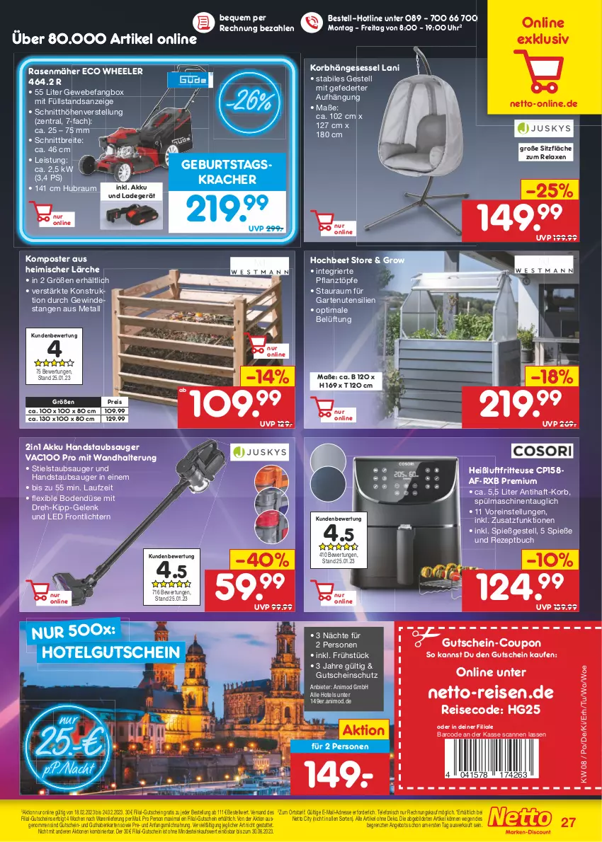 Aktueller Prospekt Netto Marken-Discount - Filial-Angebote - von 20.02 bis 25.02.2023 - strona 27 - produkty: akku, angebot, axe, Brei, buch, coupon, eis, fritteuse, Garten, guthabenkarte, gutschein, handstaubsauger, hängesessel, Heißluftfritteuse, Komposter, korb, kracher, ladegerät, LG, milch, rasen, rasenmäher, reis, rel, rezept, sessel, spülmaschinen, staubsauger, Stielstaubsauger, telefon, Ti, uhr, usb, wandhalterung, ZTE