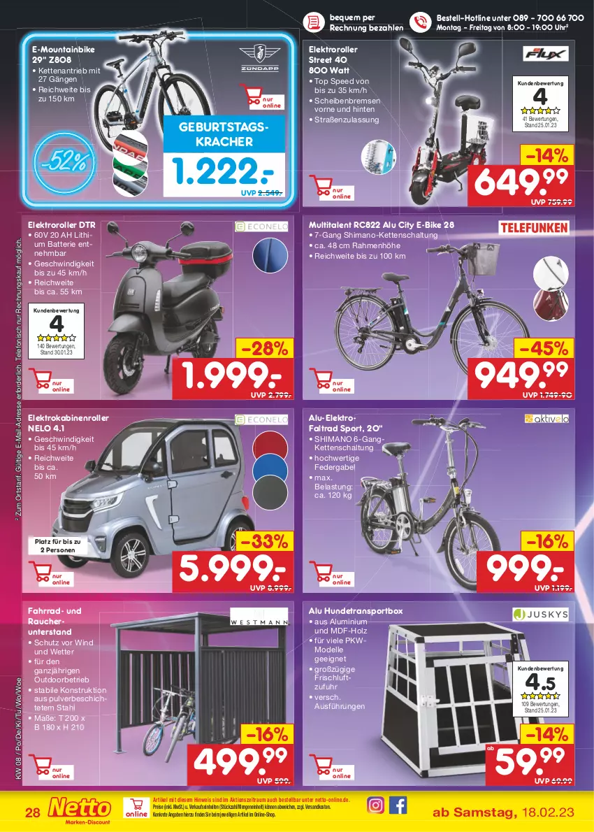 Aktueller Prospekt Netto Marken-Discount - Filial-Angebote - von 20.02 bis 25.02.2023 - strona 28 - produkty: batterie, dell, E-Bike, eis, Elektro, Elektroroller, elle, Fahrrad, gabel, Holz, Kette, kracher, Mode, Mountainbike, ndk, Rauch, reis, Roller, Schal, shimano, spee, Sport, telefon, Ti, uhr