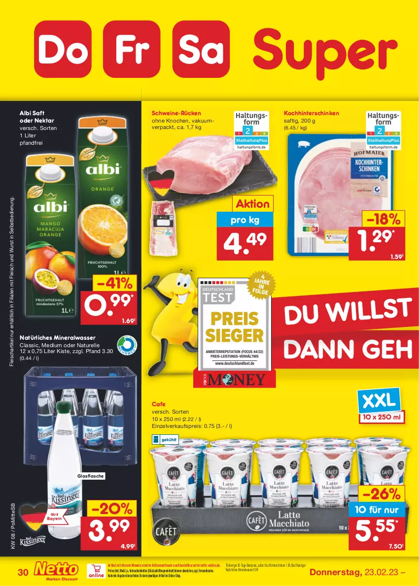 Aktueller Prospekt Netto Marken-Discount - Filial-Angebote - von 20.02 bis 25.02.2023 - strona 30 - produkty: Alwa, Bad, bestpreis, eis, elle, flasche, fleisch, glasflasche, hinterschinken, mineralwasser, Mineralwasser Classic, natur, natürliches mineralwasser, ndk, Nektar, reis, rel, saft, schinken, schwein, schweine, Ti, wasser, wein, weine, wurst, wurst in selbstbedienung