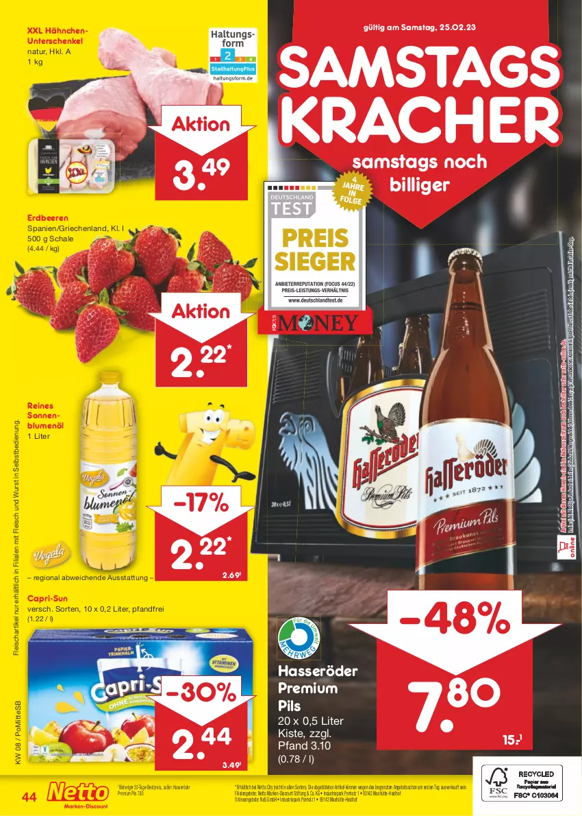 Aktueller Prospekt Netto Marken-Discount - Filial-Angebote - von 20.02 bis 25.02.2023 - strona 44 - produkty: angebot, angebote, beere, beeren, bestpreis, blume, blumen, blumenöl, Cap, capri-sun, discount, eis, erdbeere, erdbeeren, fleisch, hasseröder, henkel, Holz, kracher, marken-discount, natur, ndk, pils, premium pils, reis, Schal, Schale, schenkel, sonnenblume, sonnenblumen, sonnenblumenöl, Ti, wurst, wurst in selbstbedienung, ZTE