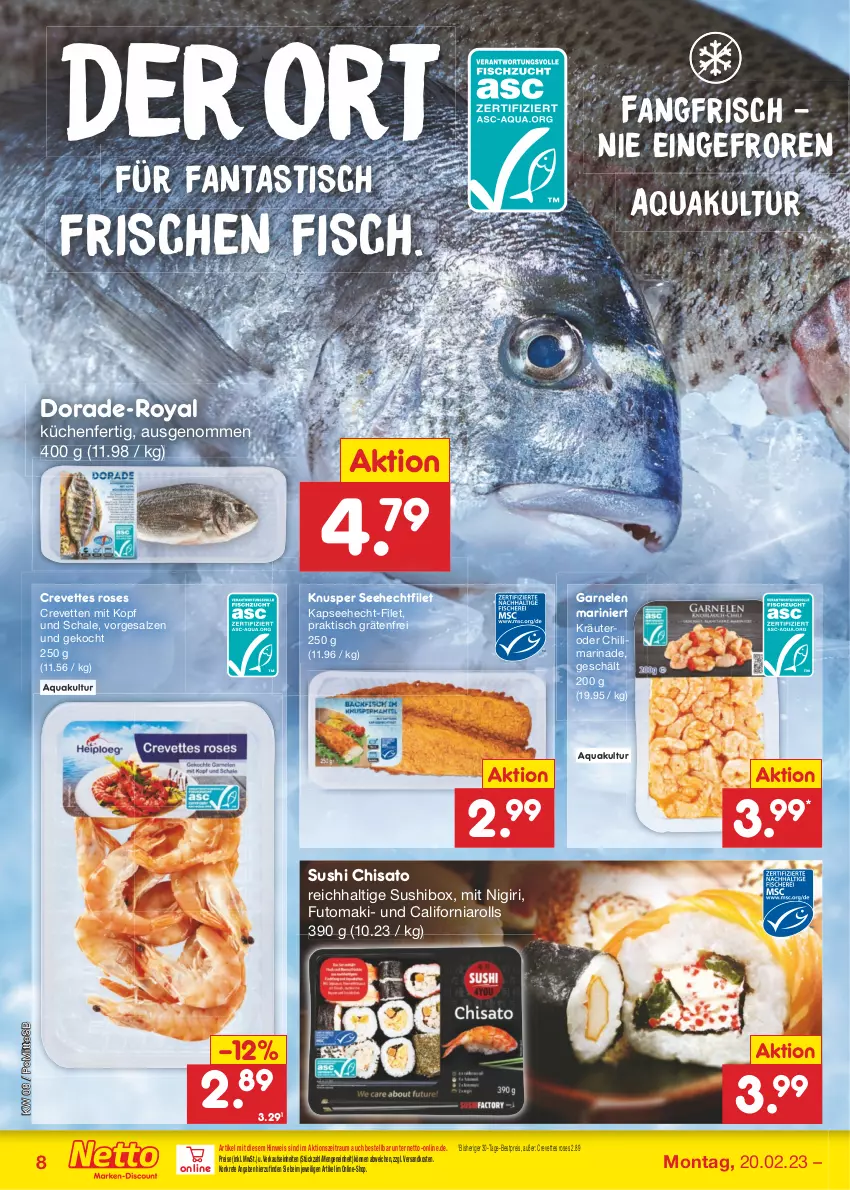 Aktueller Prospekt Netto Marken-Discount - Filial-Angebote - von 20.02 bis 25.02.2023 - strona 8 - produkty: aqua, asti, bestpreis, chili, Dorade, eis, fanta, filet, fisch, garnelen, kräuter, küche, Küchen, marinade, ndk, reis, salz, Schal, Schale, Sushi, Ti, tisch