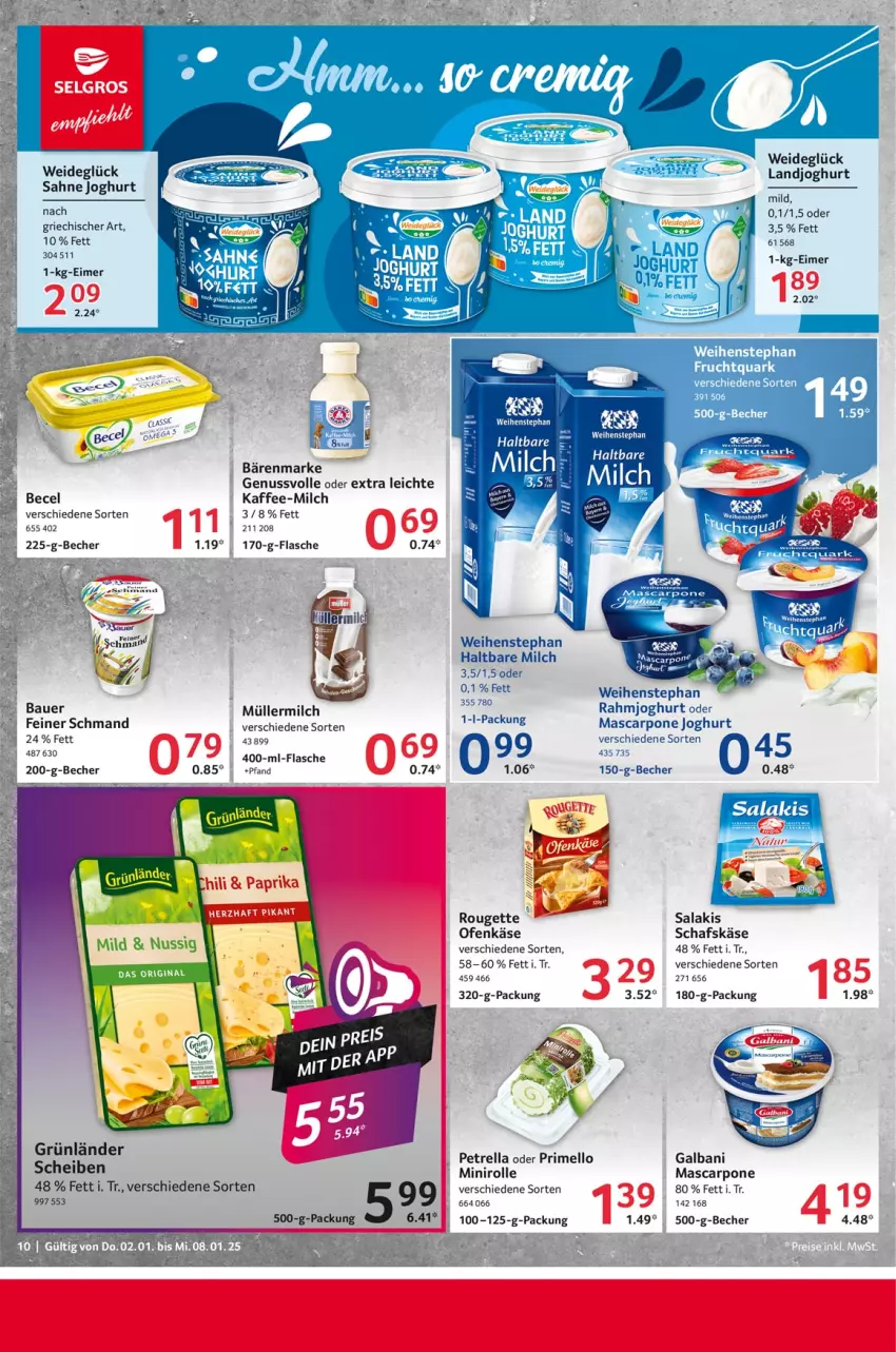 Aktueller Prospekt Selgros - Food - von 02.01 bis 08.01.2025 - strona 10 - produkty: auer, bärenmarke, Bau, Bauer, becel, Becher, eimer, flasche, galbani, grünländer, haltbare milch, joghur, joghurt, joghurt mild, kaffee, Käse, landjoghurt, mascarpone, milch, Müller, müllermilch, nuss, Ofen, Ofenkäse, petrella, rahmjoghurt, rel, rouge, rougette, sahne, sahne joghurt, salakis, schafskäse, schmand, Ti, weihenstephan