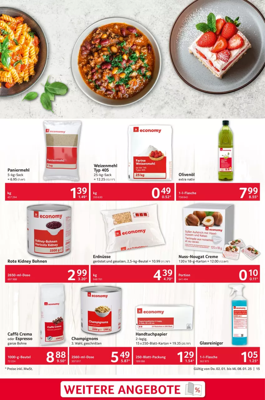 Aktueller Prospekt Selgros - Food - von 02.01 bis 08.01.2025 - strona 15 - produkty: aufstrich, beutel, bohne, bohnen, caffe, champignon, champignons, creme, eis, erdnüsse, espresso, handtuch, HP, kakao, kidney, kidney bohnen, mehl, nougat creme, nuss, oder espresso, olive, oliven, olivenöl, olivenöl extra, Paniermehl, papier, reis, sac, salz, schnitten, Ti, tuc, weizenmehl