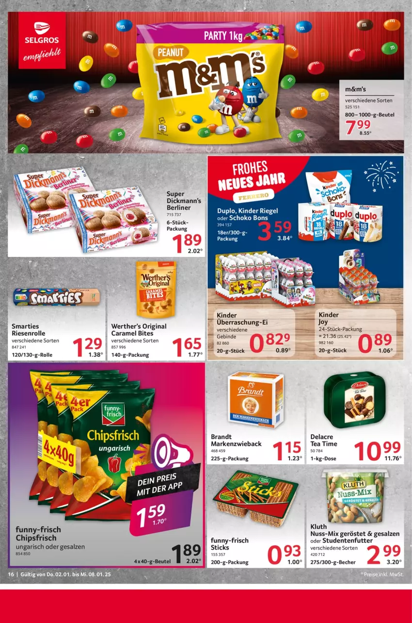 Aktueller Prospekt Selgros - Food - von 02.01 bis 08.01.2025 - strona 16 - produkty: Becher, beutel, bites, brandt, caramel, chips, chipsfrisch, duplo, ente, funny-frisch, gin, Kinder, kinder riegel, Markenzwieback, nuss, riegel, salz, schoko, studentenfutter, Ti, werther's