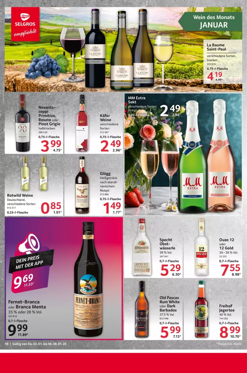 Aktueller Prospekt Selgros - Food - von 02.01 bis 08.01.2025 - strona 18 - produkty: Bad, Bau, Fernet, flasche, getränk, Jagertee, käfer, obst, ouzo, ouzo 12, Pinot, pinot grigio, primitivo, rezept, rind, rosato, rum, specht, tee, Ti, wein, weine, Wild