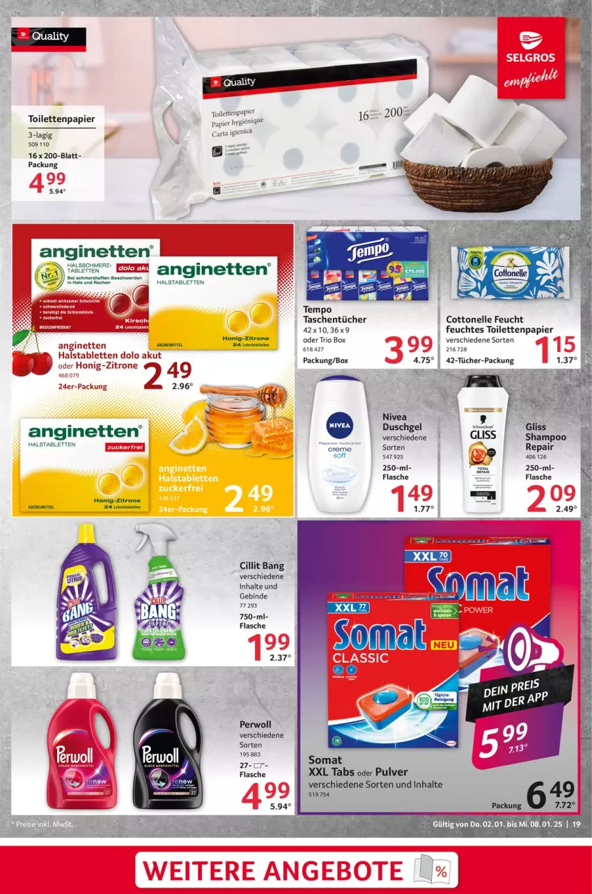 Aktueller Prospekt Selgros - Food - von 02.01 bis 08.01.2025 - strona 19 - produkty: Cillit, cillit bang, cottonelle, duschgel, elle, feuchtes toilettenpapier, flasche, gin, gliss, honig, latte, nivea, papier, perwoll, shampoo, somat, tablet, tablett, Tablette, Tasche, taschen, taschentücher, Tempo, toilettenpapier, tücher, zitrone