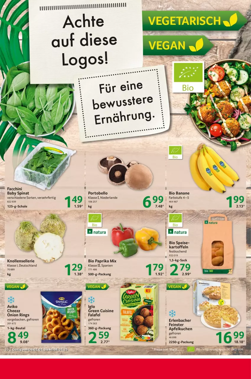 Aktueller Prospekt Selgros - Food - von 02.01 bis 08.01.2025 - strona 20 - produkty: ACC, apfel, Apfelkuchen, banane, bio, eis, elle, Falafel, geback, iglo, kartoffel, kartoffeln, kuchen, natur, natura, paprika, paprika mix, ring, Schal, Schale, spinat, Ti