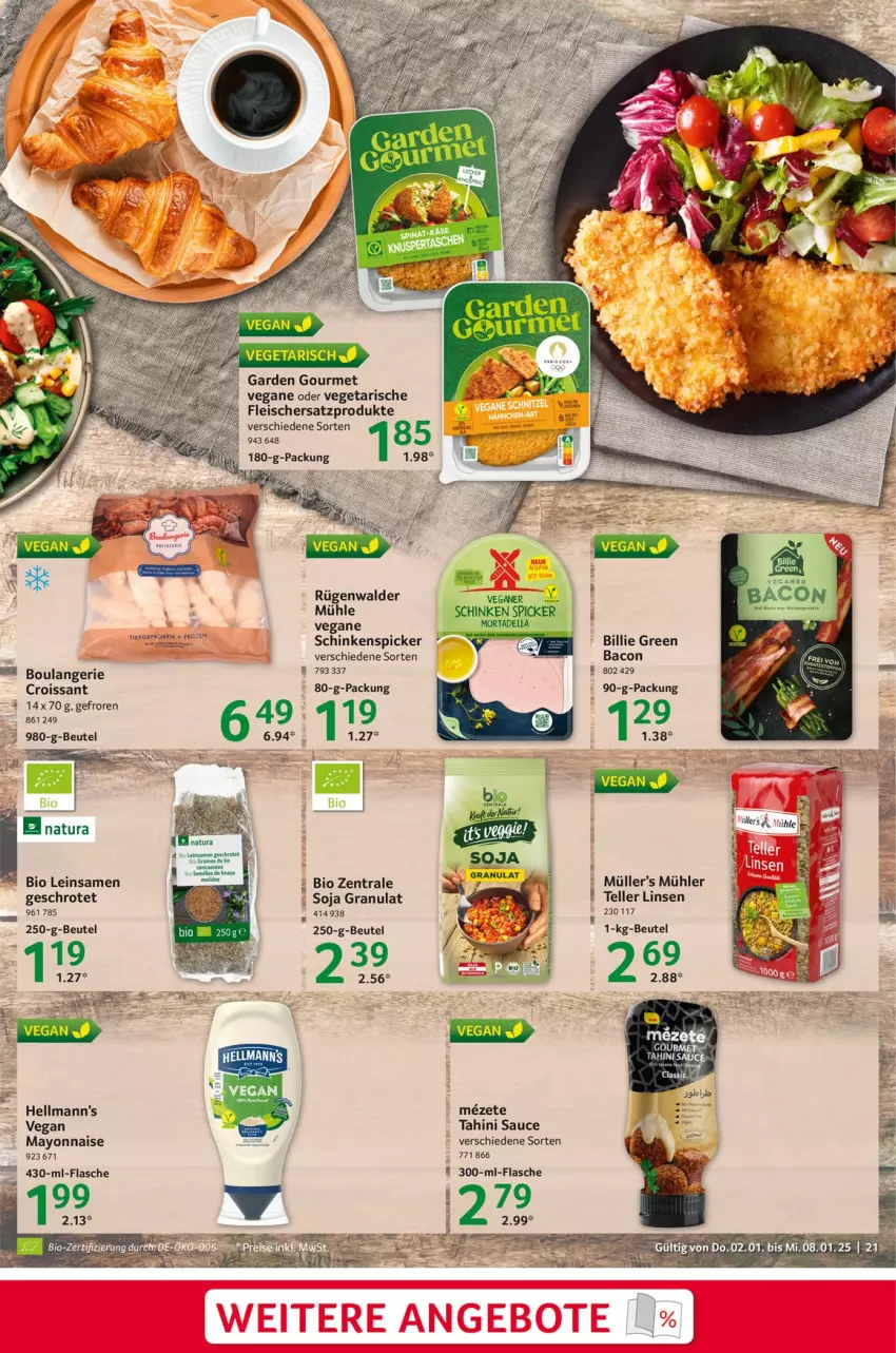 Aktueller Prospekt Selgros - Food - von 02.01 bis 08.01.2025 - strona 21 - produkty: bacon, beutel, bio, Croissant, eis, elle, flasche, fleisch, garden gourmet, linsen, mayonnaise, Müller, natur, natura, rügenwalder, rügenwalder mühle, sauce, schinken, Schinkenspicker, soja, teller, Ti, Vegeta, Yo