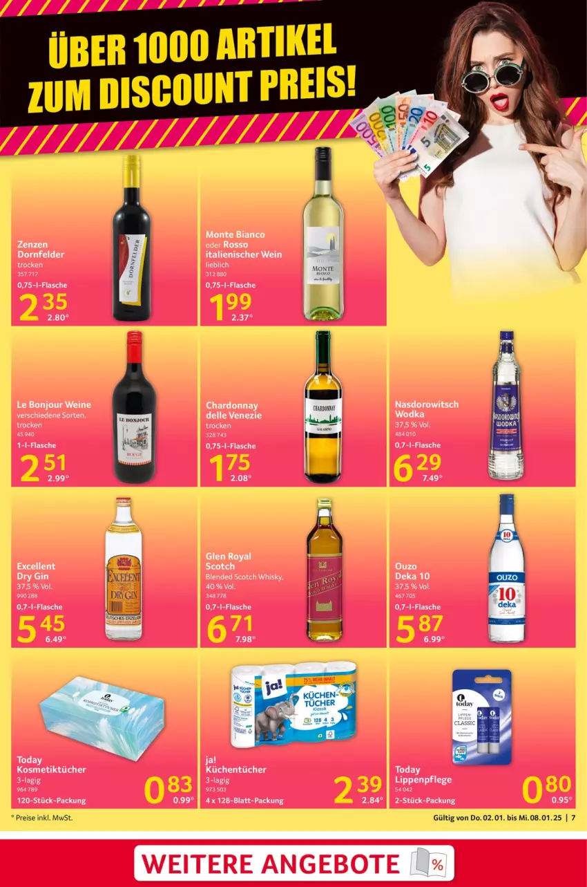 Aktueller Prospekt Selgros - Food - von 02.01 bis 08.01.2025 - strona 7 - produkty: angebot, angebote, blended scotch, blended scotch whisky, chardonnay, dornfelder, dry gin, eis, flasche, gin, kosmetik, Kosmetiktücher, küche, Küchen, küchentücher, Lippenpflege, monte, ouzo, reis, Rowi, scotch, scotch whisky, Ti, tücher, wein, weine, whisky