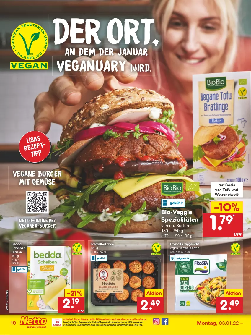 Aktueller Prospekt Netto Marken-Discount - Filial Angebote - von 03.01 bis 08.01.2022 - strona 10 - produkty: bio, burger, eis, Falafel, fertiggericht, frosta, mit gemüse, ndk, reis, rezept, Spezi, Ti, Tofu, usb, veggie, versandkostenfrei