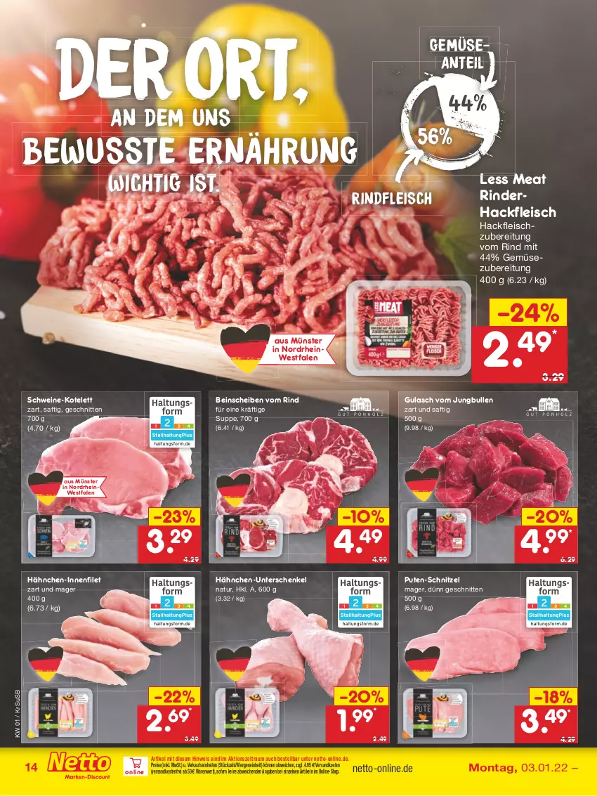 Aktueller Prospekt Netto Marken-Discount - Filial Angebote - von 03.01 bis 08.01.2022 - strona 14 - produkty: eis, filet, fleisch, gulasch, hackfleisch, henkel, jungbullen, kotelett, natur, ndk, pute, reis, rind, rinder, rinderhackfleisch, rindfleisch, saft, schenkel, schnitten, schnitzel, schwein, schweine, suppe, Ti, usb, versandkostenfrei, wein, weine