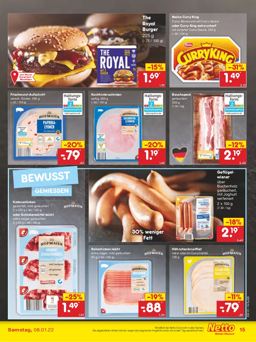 Aktueller Prospekt Netto Marken-Discount - Filial Angebote - von 03.01 bis 08.01.2022 - strona 15 - produkty: angebot, aufschnitt, Bau, bockwurst, brustfilet, buch, burger, curry, filet, frischwurst-aufschnitt, Geflügel, hähnchenbrust, hähnchenbrustfilet, hinterschinken, Holz, joghur, joghurt, katenschinken, Mantel, meica, natur, rohschinken, saft, sauce, schinken, Speck, Ti, usb, wiener, würfel, wurst, ZTE