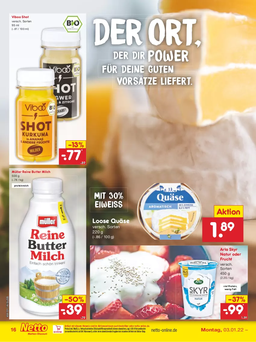 Aktueller Prospekt Netto Marken-Discount - Filial Angebote - von 03.01 bis 08.01.2022 - strona 16 - produkty: arla, arla skyr, butter, eis, frucht, Loose, milch, Müller, natur, ndk, quäse, reis, Skyr, Ti, usb, versandkostenfrei