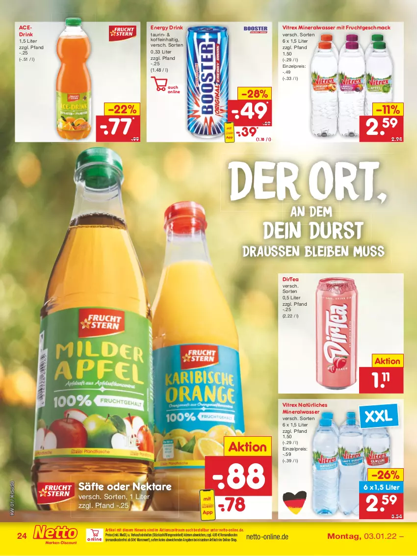 Aktueller Prospekt Netto Marken-Discount - Filial Angebote - von 03.01 bis 08.01.2022 - strona 24 - produkty: Alwa, drink, eis, energy drink, frucht, mac, mineralwasser, mit frucht, natürliches mineralwasser, ndk, Nektar, reis, säfte, Ti, usb, versandkostenfrei, vitrex, wasser