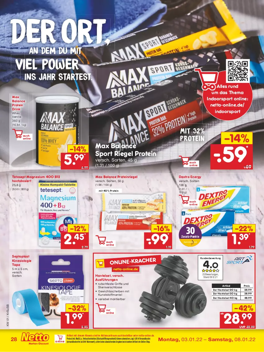 Aktueller Prospekt Netto Marken-Discount - Filial Angebote - von 03.01 bis 08.01.2022 - strona 28 - produkty: drink, eis, kracher, magnesium, magnesium 400, Mantel, ndk, reis, Ria, riegel, Sport, Ti, usb, versandkostenfrei