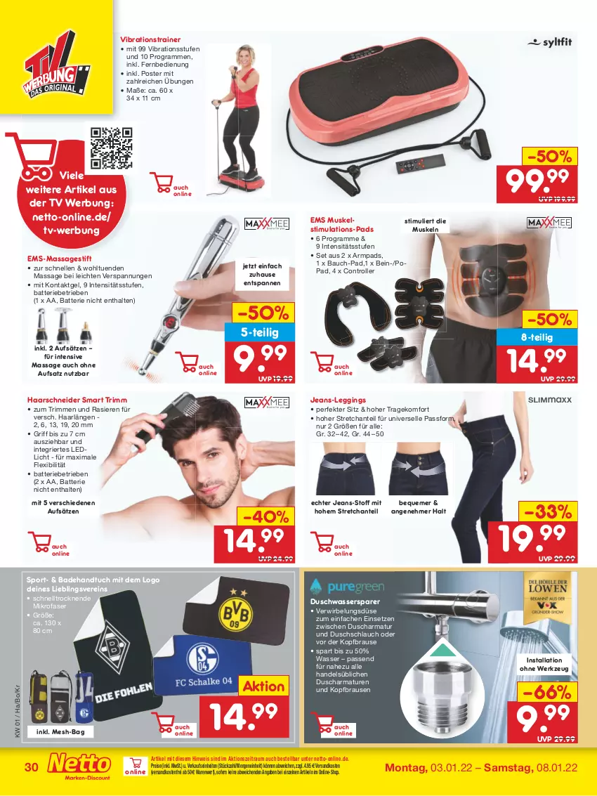 Aktueller Prospekt Netto Marken-Discount - Filial Angebote - von 03.01 bis 08.01.2022 - strona 30 - produkty: armatur, armaturen, Bad, Badehandtuch, batterie, Bau, brause, eis, elle, fernbedienung, gin, haarschneider, handtuch, jeans, leggings, mikrofaser, ndk, reis, Roller, schlauch, Sport, Ti, tuc, usb, versandkostenfrei, wasser, werkzeug