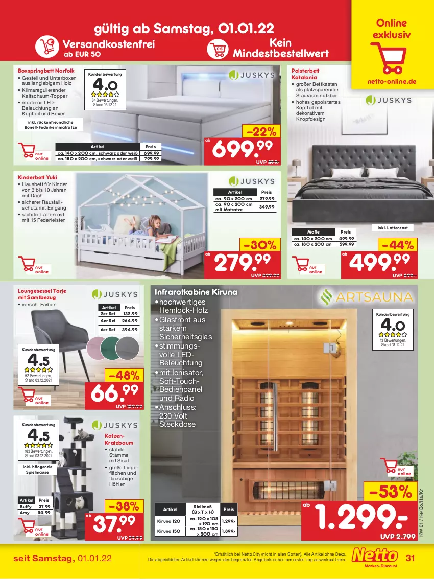 Aktueller Prospekt Netto Marken-Discount - Filial Angebote - von 03.01 bis 08.01.2022 - strona 31 - produkty: angebot, Bau, beleuchtung, bett, bettkasten, boxspringbett, eis, federkern, federkernmatratze, Holz, kernmatratze, Kinder, Kinderbett, Kratzbaum, latte, lattenrost, Liege, loungesessel, matratze, Mode, ndk, polsterbett, Radio, reis, ring, sessel, steckdose, Ti, topper, usb, versandkostenfrei, ZTE