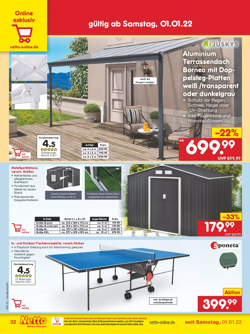 Aktueller Prospekt Netto Marken-Discount - Filial Angebote - von 03.01 bis 08.01.2022 - strona 32 - produkty: Carport, eis, latte, LG, ndk, reis, Ti, tisch, versandkostenfrei