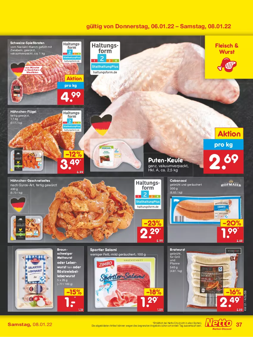 Aktueller Prospekt Netto Marken-Discount - Filial Angebote - von 03.01 bis 08.01.2022 - strona 37 - produkty: angebot, braten, bratwurst, braun, Cabanossi, eis, elle, fleisch, für grill und pfanne, geschnetzeltes, gewürz, grill, grill und pfanne, gyros, leberwurst, Mett, mettwurst, mit zwiebeln, pfanne, pute, salami, schwein, schweine, Sport, Ti, und pfanne, usb, wein, weine, wurst, Zelt, ZTE, zwiebel, zwiebeln