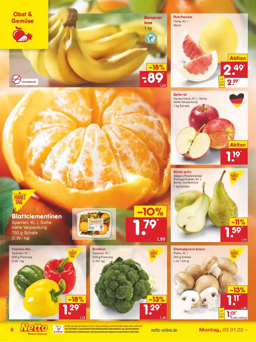 Aktueller Prospekt Netto Marken-Discount - Filial Angebote - von 03.01 bis 08.01.2022 - strona 8 - produkty: asti, banane, bananen, Birnen, Blattclementinen, braun, brokkoli, champignon, champignons, champignons braun, clementinen, eis, LG, ndk, obst, paprika, Pomelo, reis, Schal, Schale, Ti, usb, versandkostenfrei