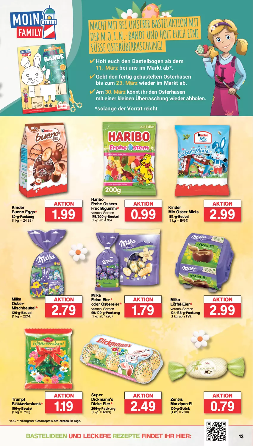 Aktueller Prospekt Famila - Prospekte - von 11.03 bis 16.03.2024 - strona 13 - produkty: beutel, eier, eis, erde, frucht, fruchtgummi, haribo, Kinder, kinder bueno, kleber, leine, Löffel, mac, marzipan, milka, Rauch, reifen, reis, rezept, rezepte, ring, rum, Schere, stifte, Ti, zentis, ZTE