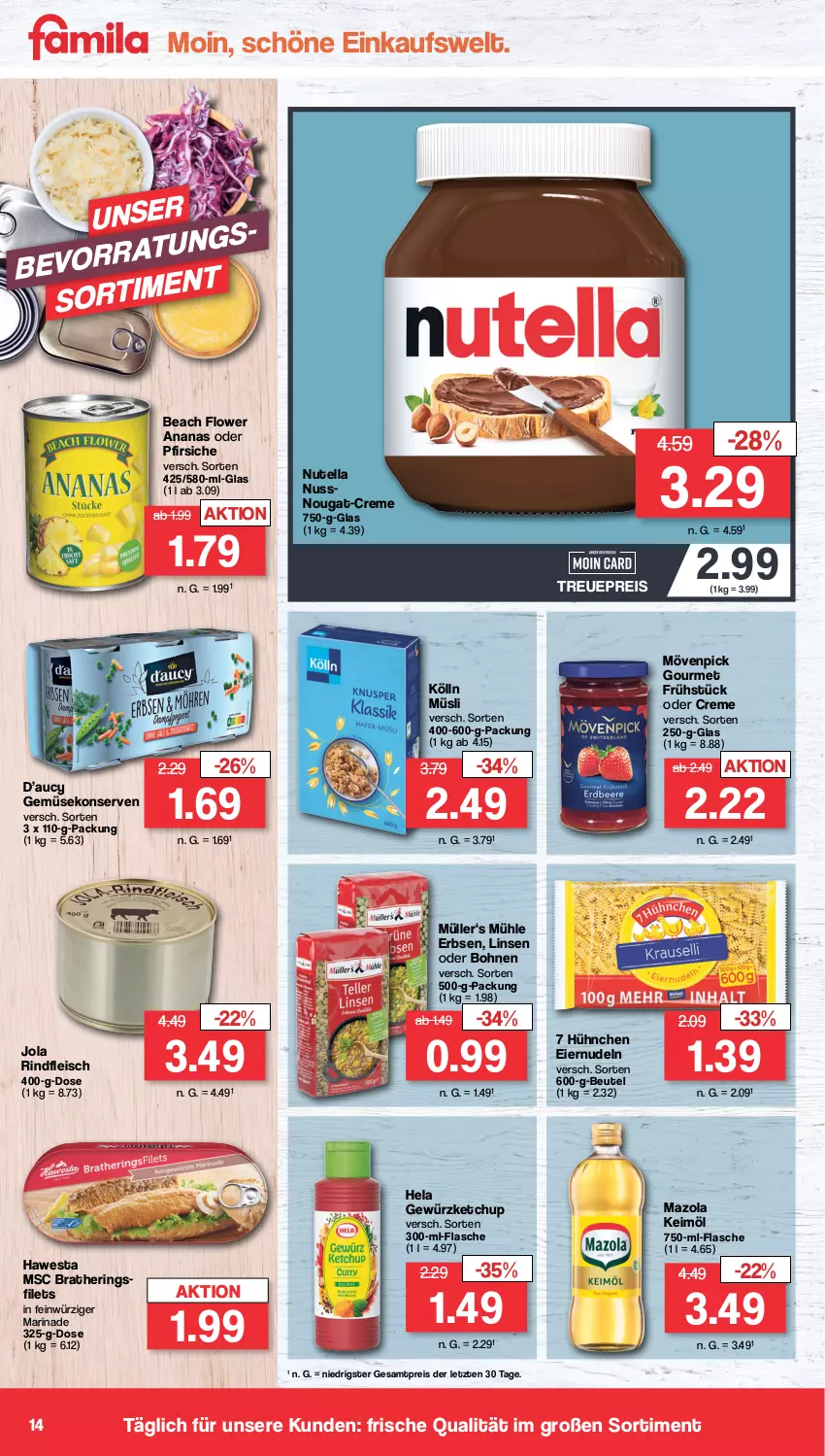 Aktueller Prospekt Famila - Prospekte - von 11.03 bis 16.03.2024 - strona 14 - produkty: ananas, beutel, bohne, bohnen, creme, eier, eiernudeln, eis, erbsen, filet, filets, flasche, fleisch, Gemüsekonserve, gewürz, gewürzketchup, hawesta, Hela, hering, Herings, heringsfilets, keimöl, ketchup, kölln, Konserven, linsen, marinade, mazola, mövenpick, Müller, müsli, nudel, nudeln, nuss, nutella, oder pfirsiche, pfirsich, pfirsiche, reis, rind, rindfleisch, ring, Ti, ZTE