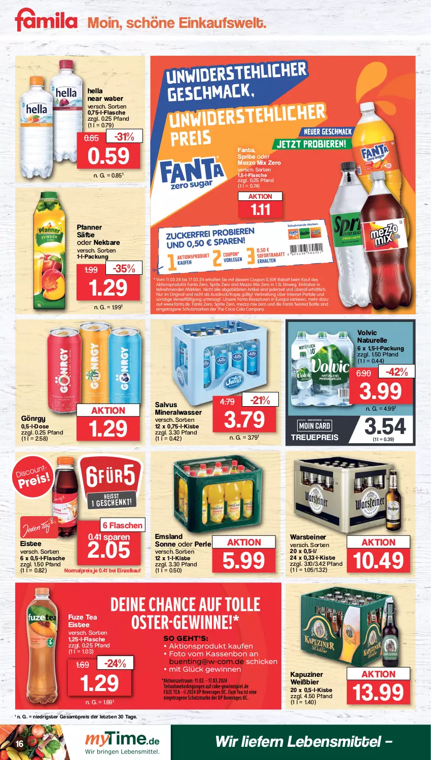 Aktueller Prospekt Famila - Prospekte - von 11.03 bis 16.03.2024 - strona 16 - produkty: Alwa, bier, eis, eistee, elle, fanta, flasche, fuze tea, hella, lebensmittel, Mezzo Mix, mineralwasser, natur, Nektar, pfanne, Pfanner, reis, rel, säfte, sprite, steiner, tee, Ti, volvic, warsteiner, wasser, ZTE