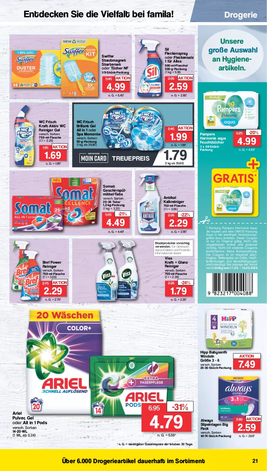 Aktueller Prospekt Famila - Prospekte - von 11.03 bis 16.03.2024 - strona 21 - produkty: Alwa, Always, aqua, ariel, auer, bio, biozidprodukte, Bref, bref power, coupon, coupons, decke, eis, ente, feuchttücher, flasche, geschirr, geschirrspülmittel, gin, hipp, Kalkreiniger, kraft, pampers, Pods, Rauch, reiniger, reiniger gel, reis, rwe, salz, slip, slipeinlagen, somat, spülmittel, staubmagnet, swiffer, Ti, tücher, wc frisch, WC Frisch Kraft Aktiv, windeln, ZTE